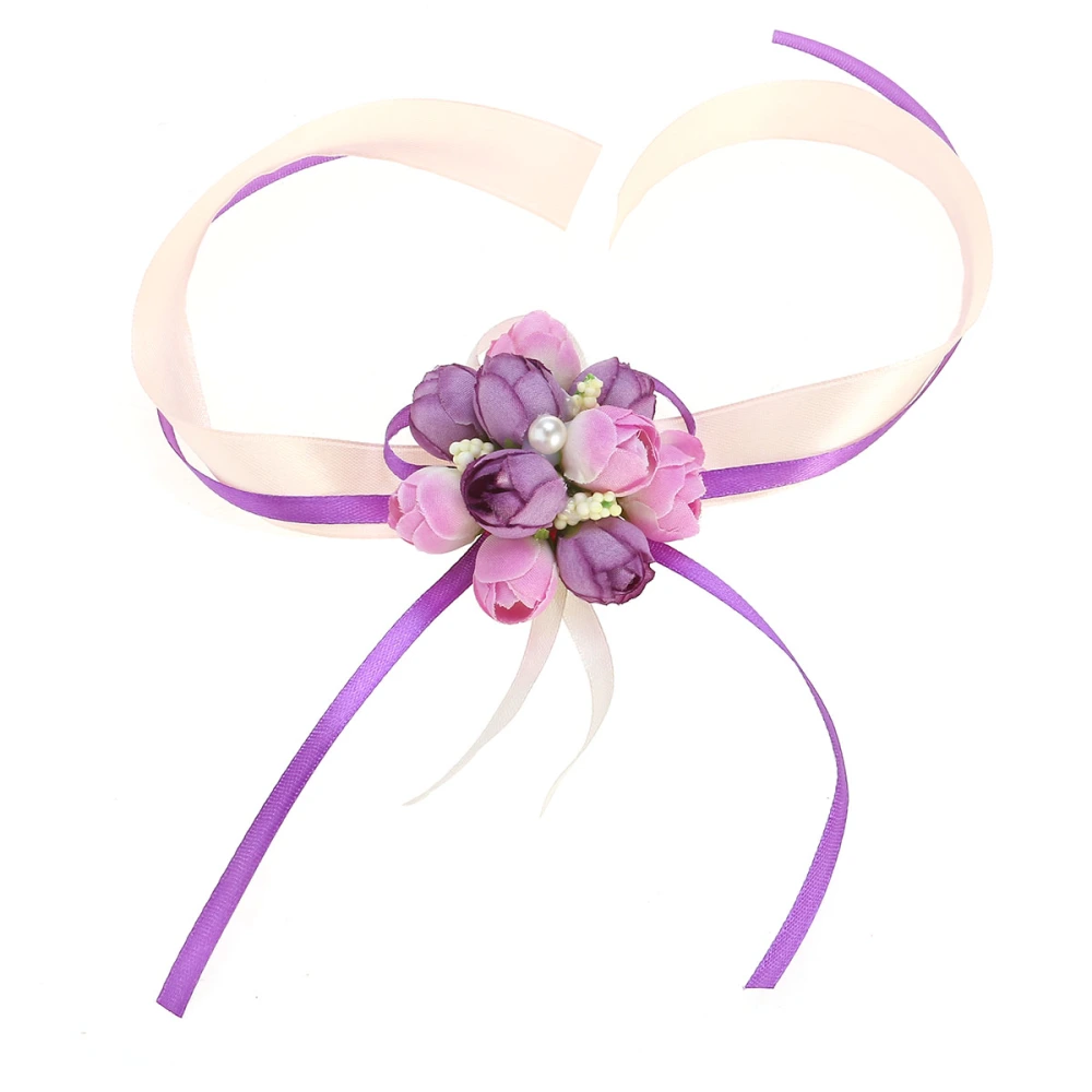 Wedding Bridal Bridesmaid Wrist Flower Pearl Bracelet Artifitica Flower Wristband (Purple)