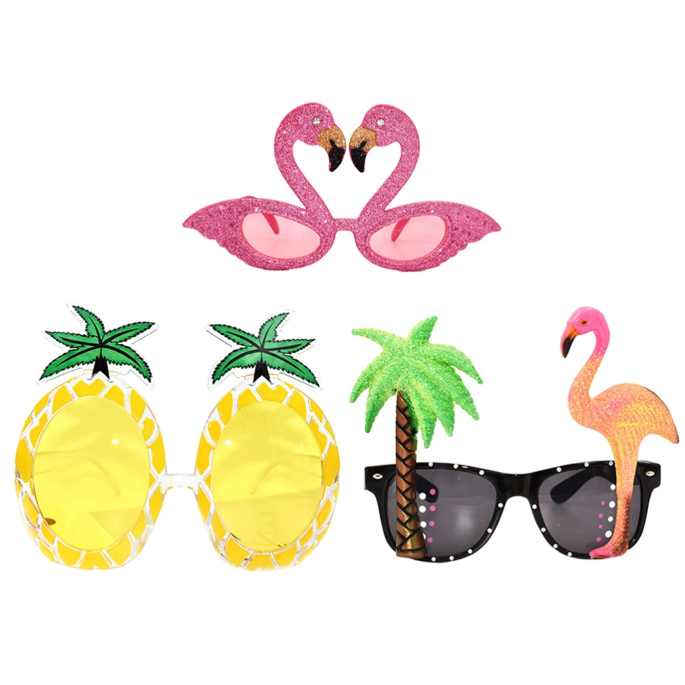 3pcs Beach Holiday Glasses Eyewear Funny Eyeglasses Photo Props Accessary Party Supplies Decorations (Birds Trees + Glitter Flamingo + Pineapple)