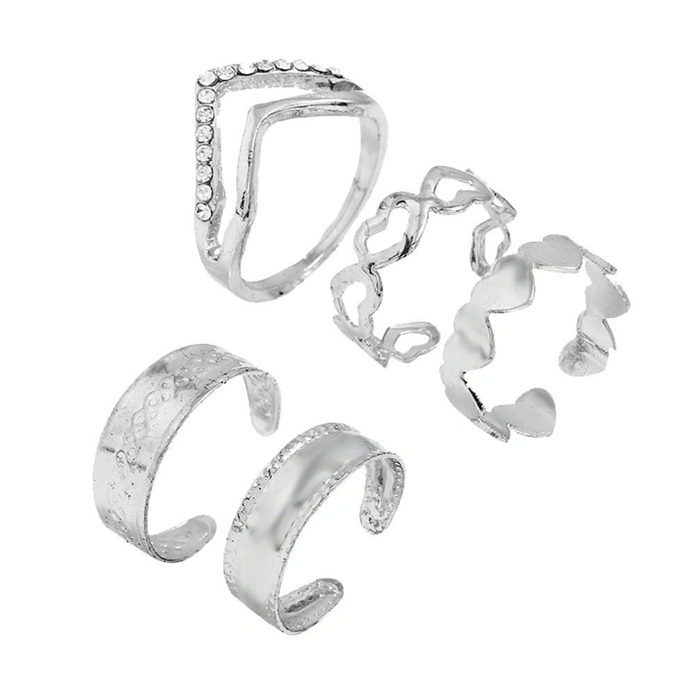 5pcs Fashion Ring Set Alloy Hollow Finger Rings Adjustable Open Rings Statement Jewelry (White)