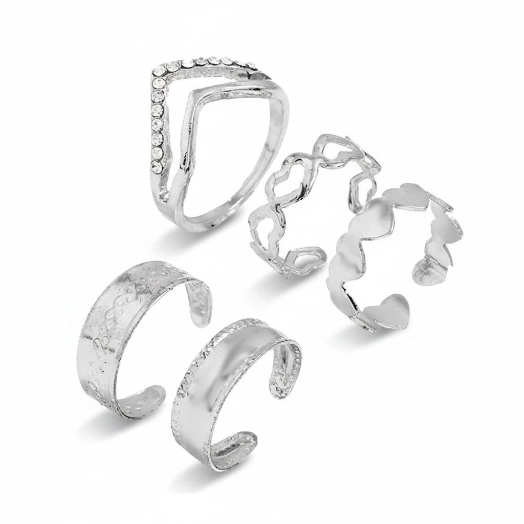 5pcs Fashion Ring Set Alloy Hollow Finger Rings Adjustable Open Rings Statement Jewelry (White)