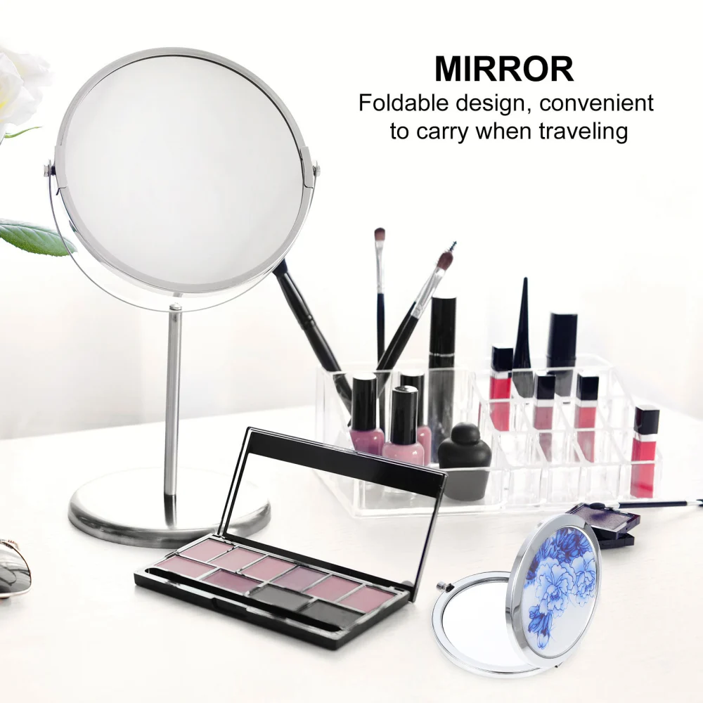 2PCS Foldable Mini Double-sided Round Mirrors Lovely Metal Makeup Mirrors Small Mirrors