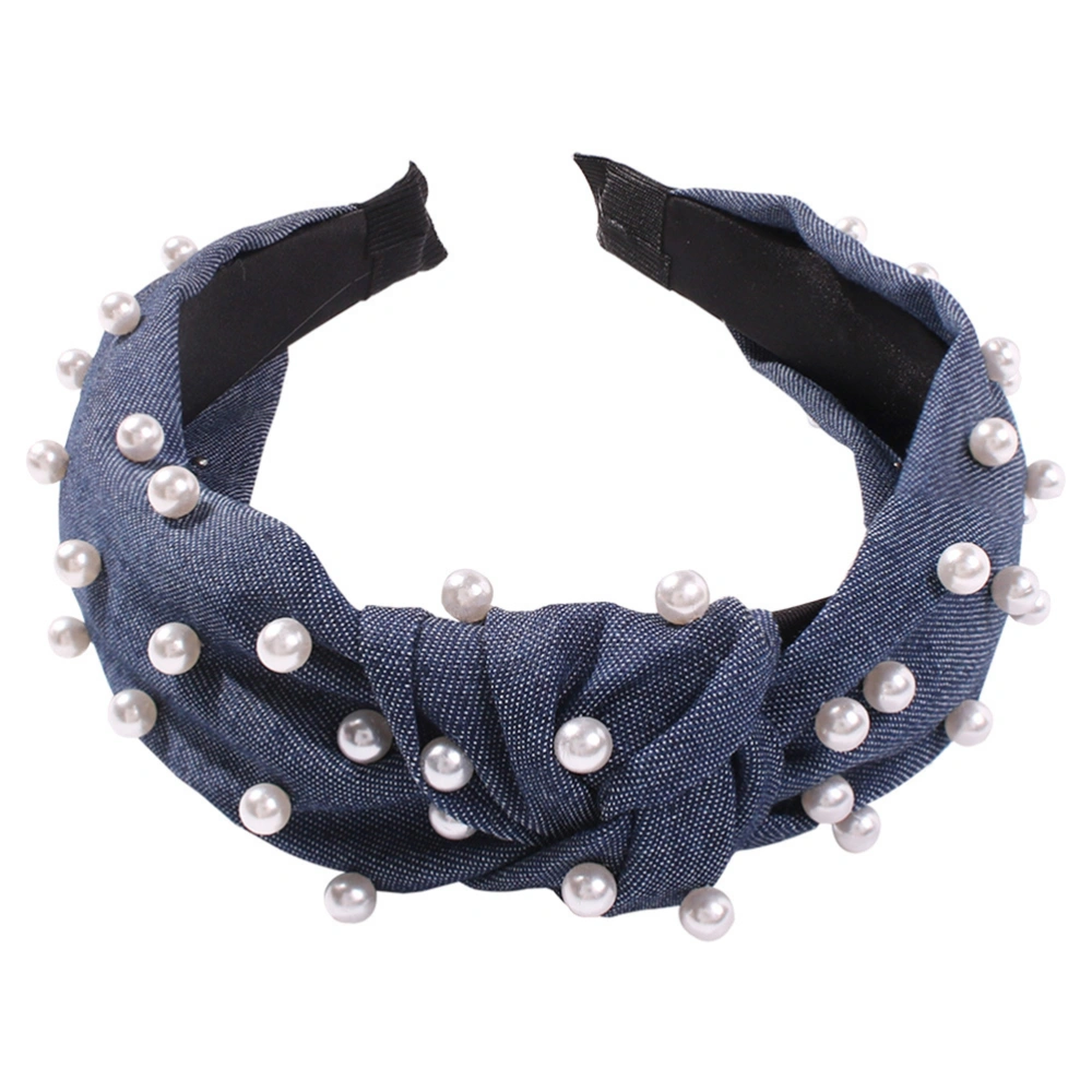 1pc Creative Hair Pearl Head Wide Rim Headband Jean Cloth Headwear for Girls Women Dark Blue