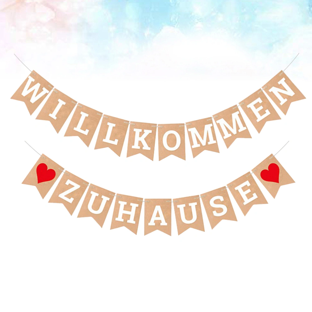 WILLKOMMEN ZUHAUSE Printing Bunting Family Gathering Party Swallowtail Banner Heart Printing Garland Kraft Paper Dovetail Shape Flag Party Supplies Decoration