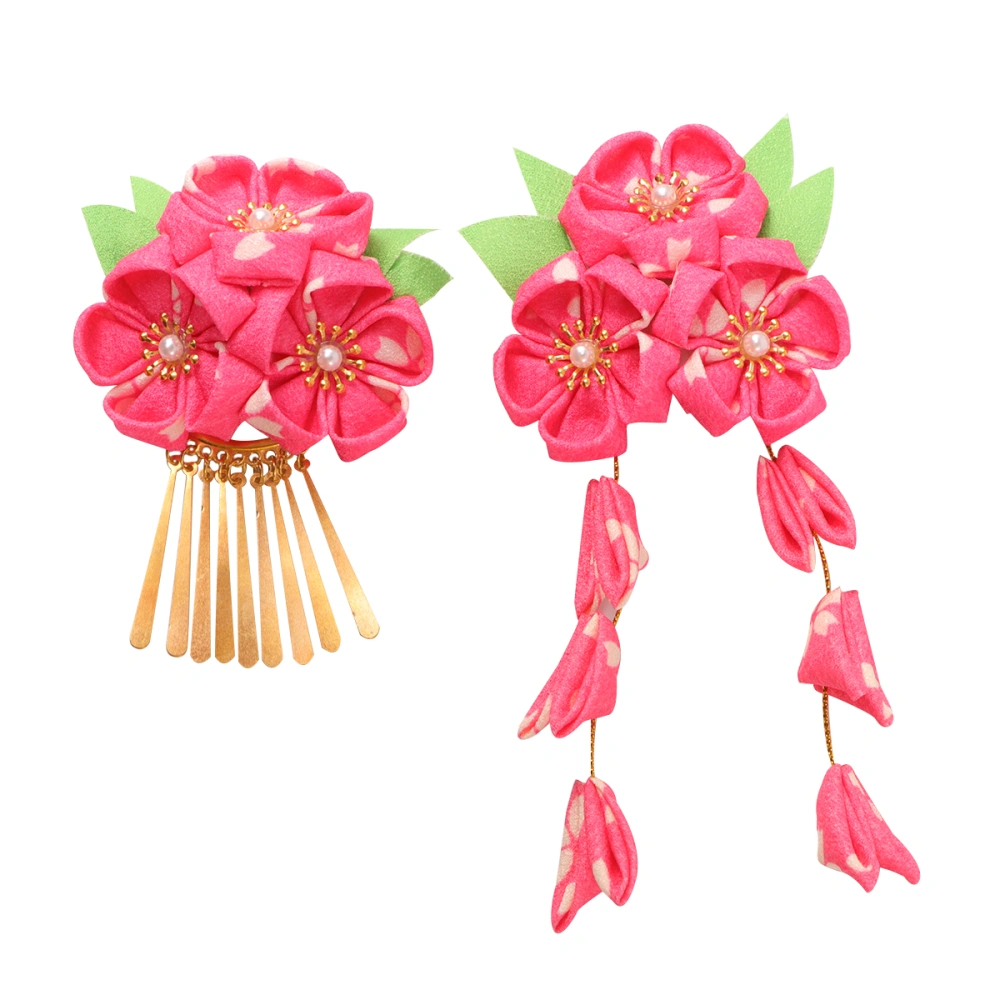 2 Pcs Japanese Style Floral Headband Fashion Fabric Metal Headwear Exquisite Hair Accessories for Women Girls Wearing (Bright Pink)