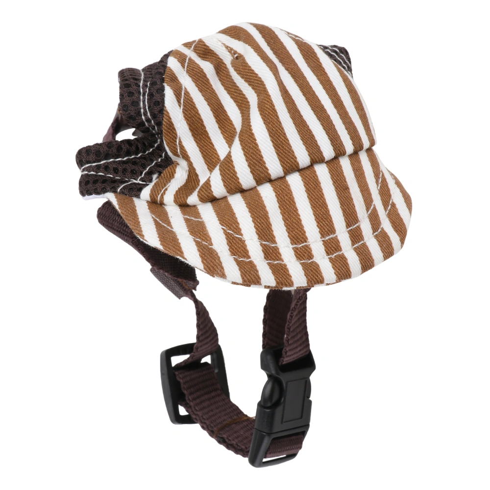 Pet Dog Puppy Baseball Mesh Stripe Visor Hat Sunhat Adjustable Chin Strap Sunbonnet with Ear Holes - Size M(Coffee)