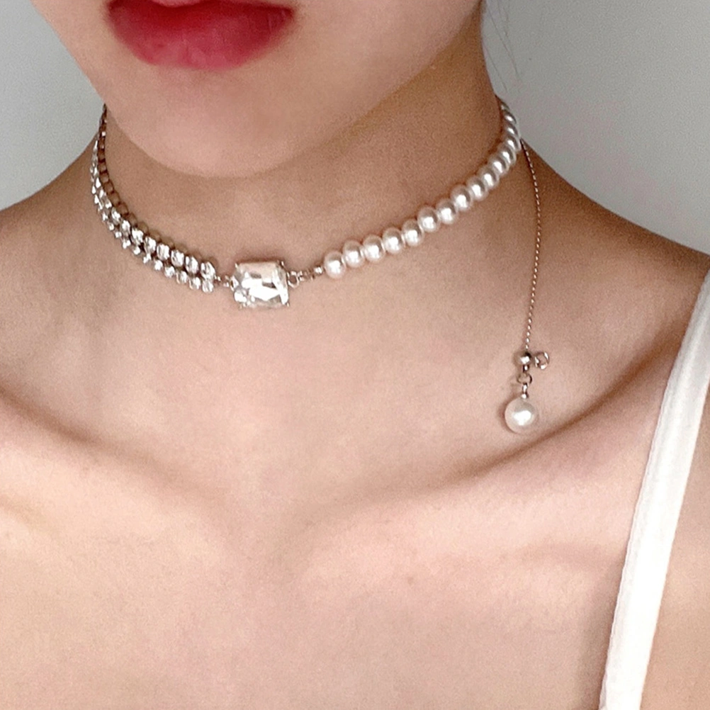 1Pc Choker Necklace Double Layer Rhinestone Necklace Fashion Splicing Chain
