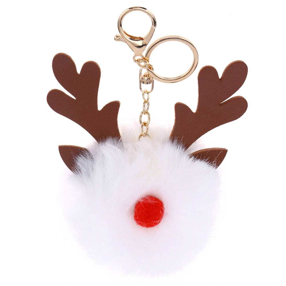 Imitation Rabbit Fur Keyring Christmas Elk Keychain Lovely Fluffy Key Holder Pendant for Purse Bag Car Key (White)