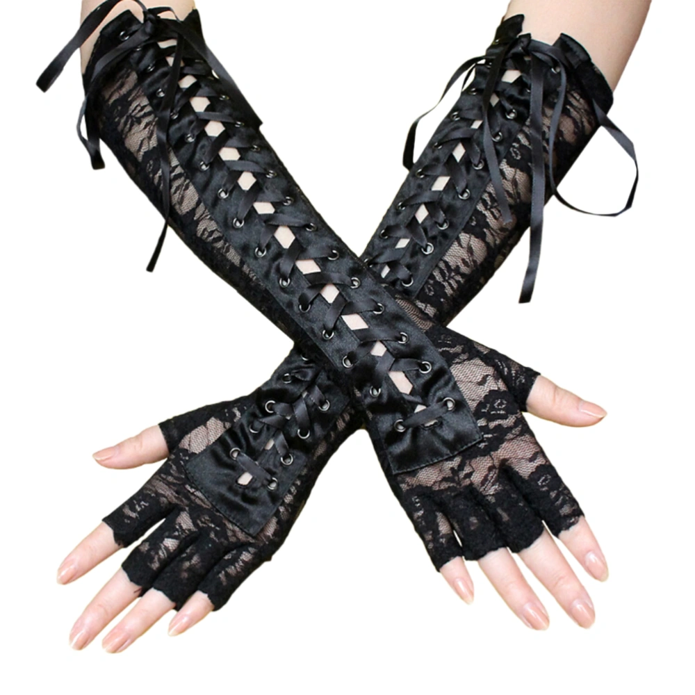 1 Pair Women's Sexy Lace Gloves Rivet Gloves Elbow Length Lace Up Flirting Gloves(Black)