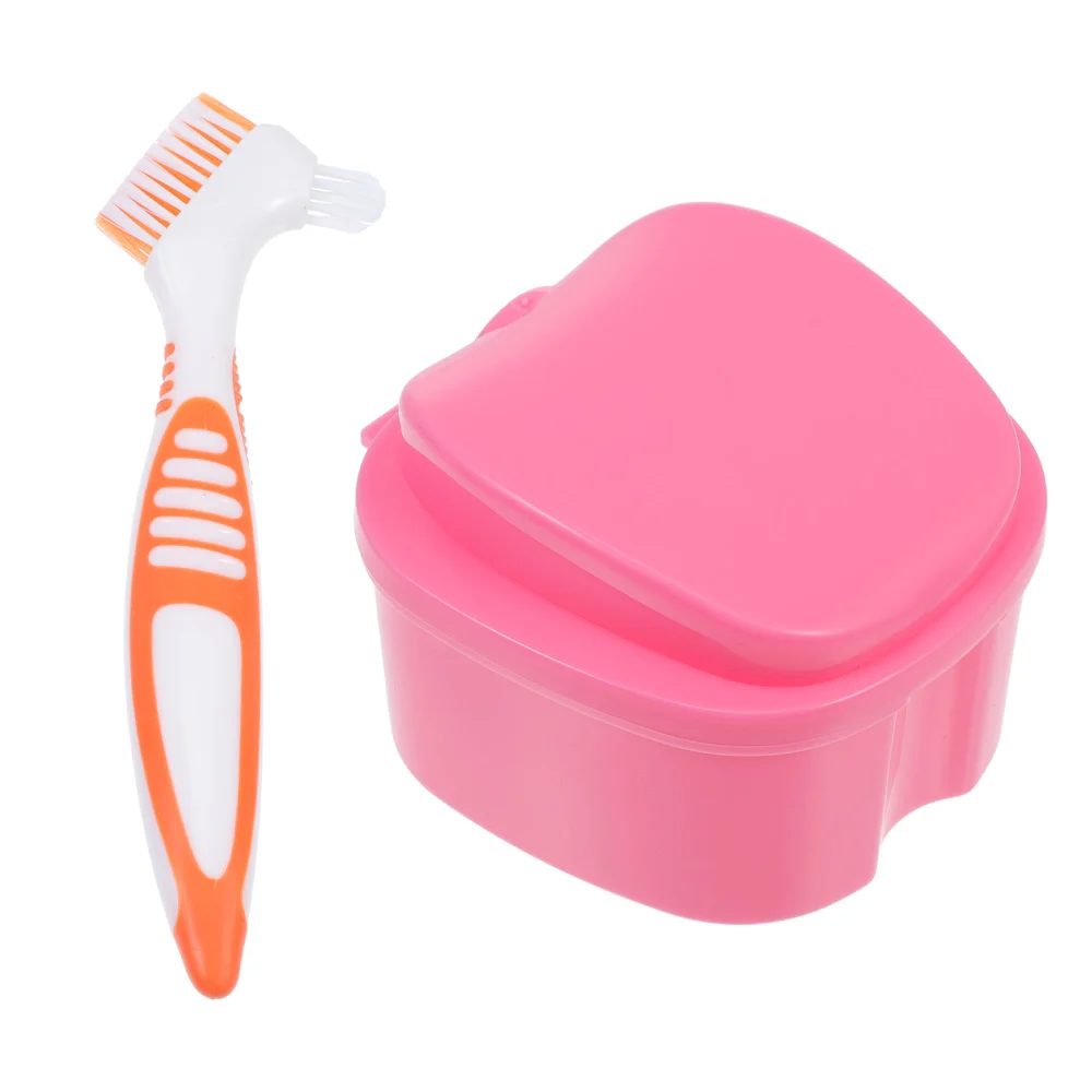 1 Set of Plastic Denture Storage Box Portable False Tooth Box Brush Kit