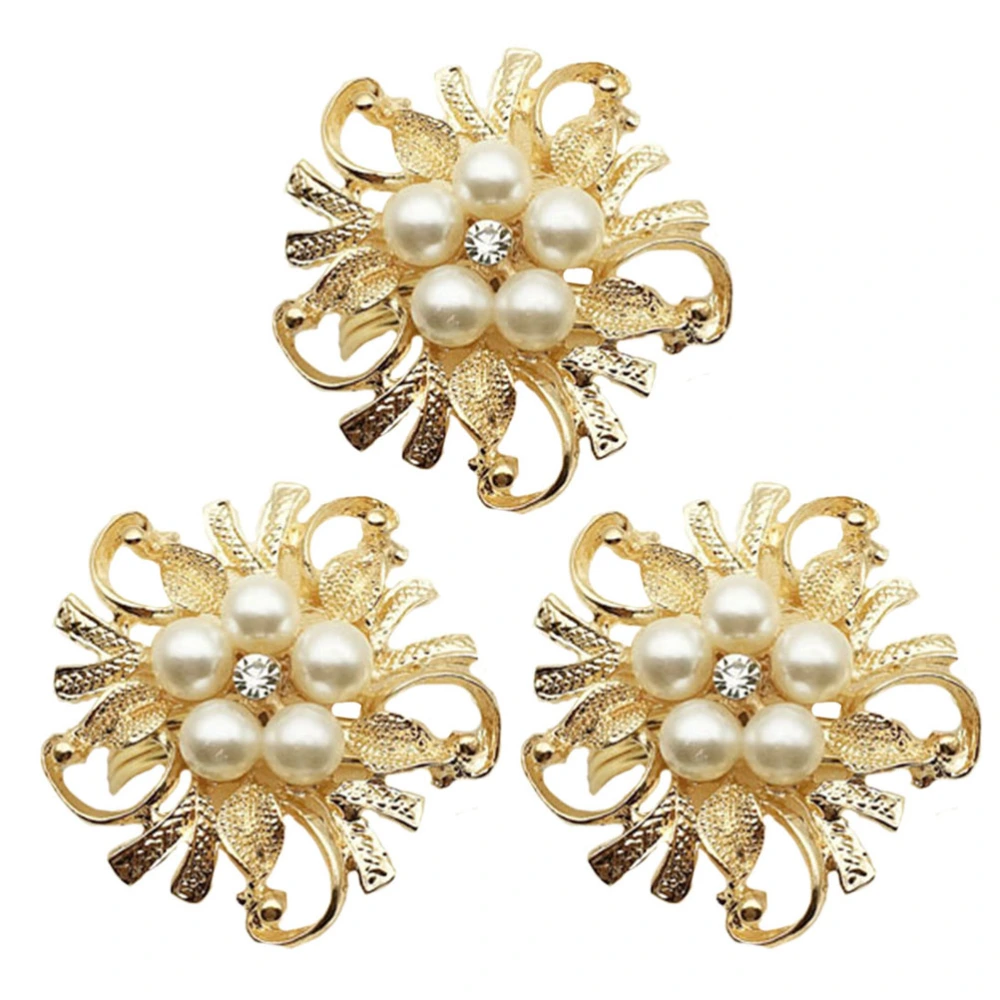 3pcs Napkin Rings Napkin Buckles European Pearl Flower Shape Design Alloy for Dining Table (Golden)