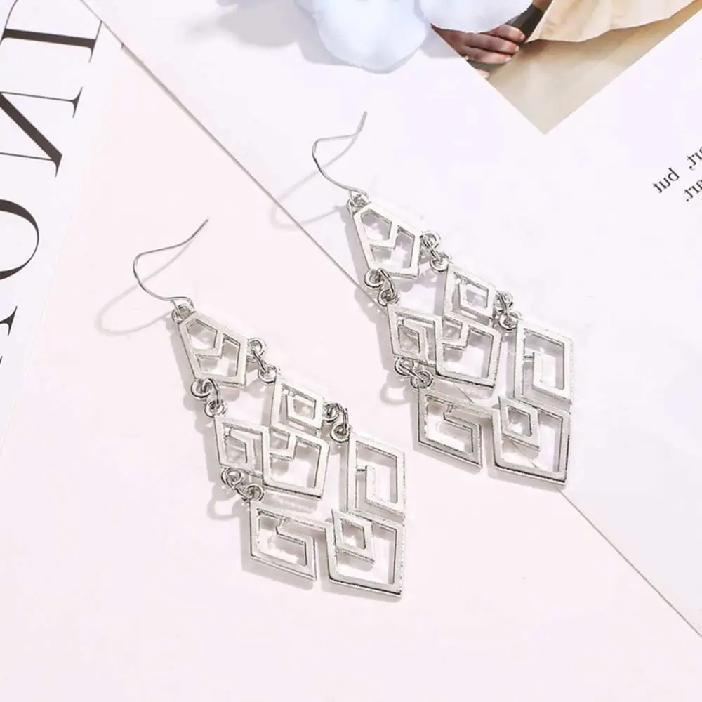 1 Pair of All-Match Ear Drop Minimalist Earrings Hollow-Out Ear Dangle Rhombus Dangler Silver