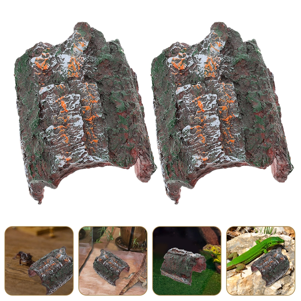 2Pcs Resin Tree Bark Adornment Reptiles Hiding Cave Reptiles Feeding Box Decor