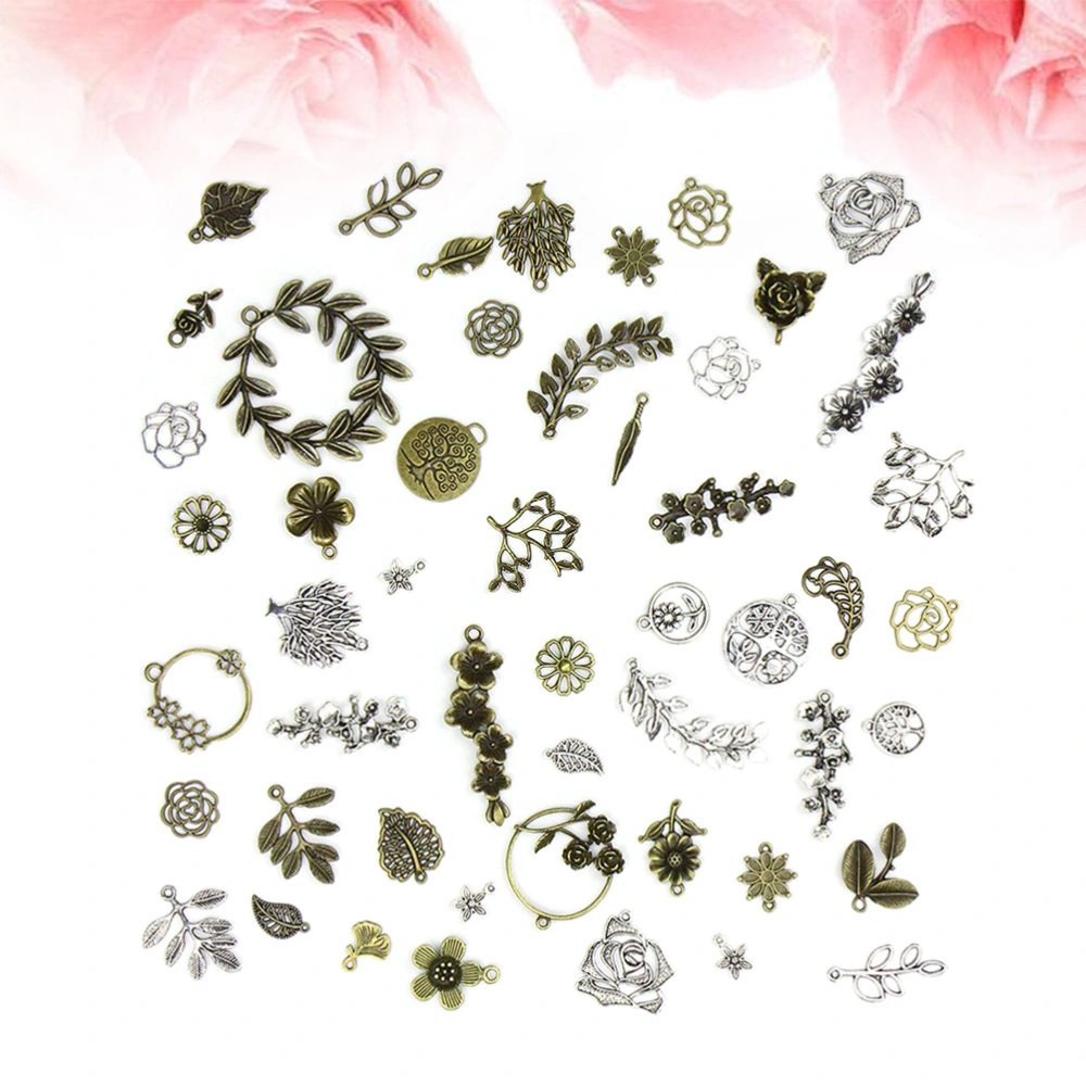 50PC DIY Bronze Silver Pendant Small Flower Plant Pendant Accessories Set for Necklace Bracelet Headband Decoration