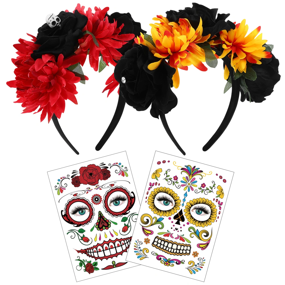 Frcolor 1 Set Halloween Flower Headbands Artificial Floral Headpiece Halloween Temporary Tattoos Party Decorations