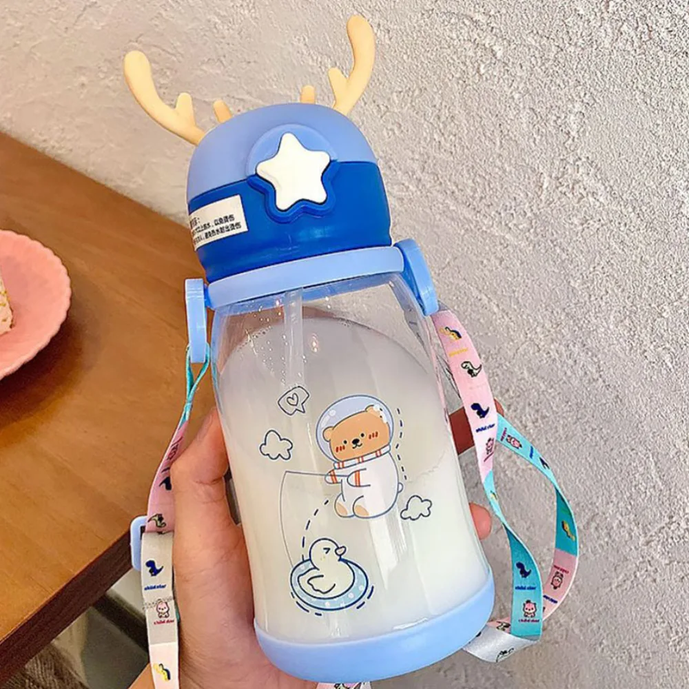 1pc Cartoon Antler Sippy Cup Straw Cup Water Cup Training Water Cup (Blue）