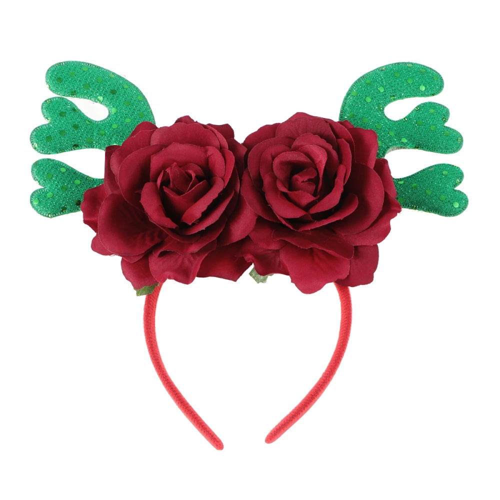 Creative Green Elk Antler Headband Rose Hair Bands Christmas Adorable Hair Hoops Flower Headdress Party Favors Supplies Decorations