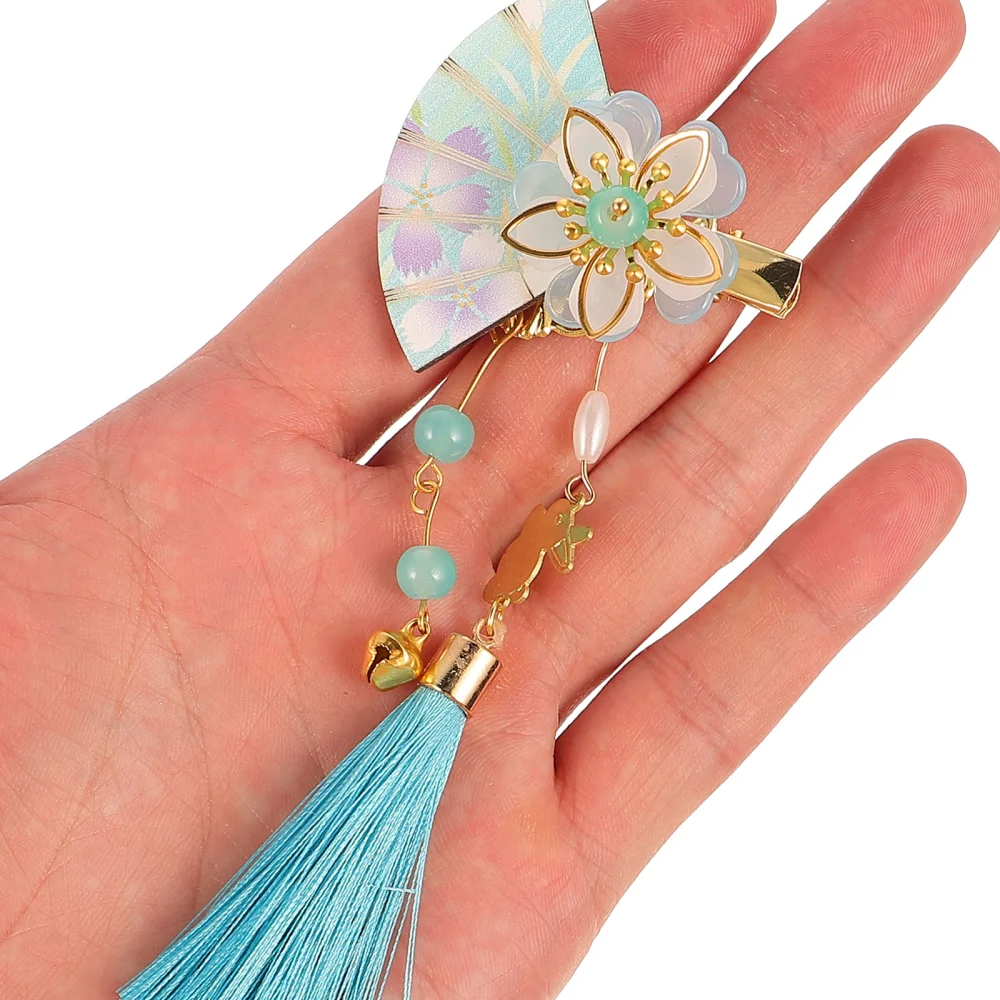 2pcs Japanese Hair Clip Flower Fan Shaped Hair Clip Tassel Bell Hairpin Kimono Headdress