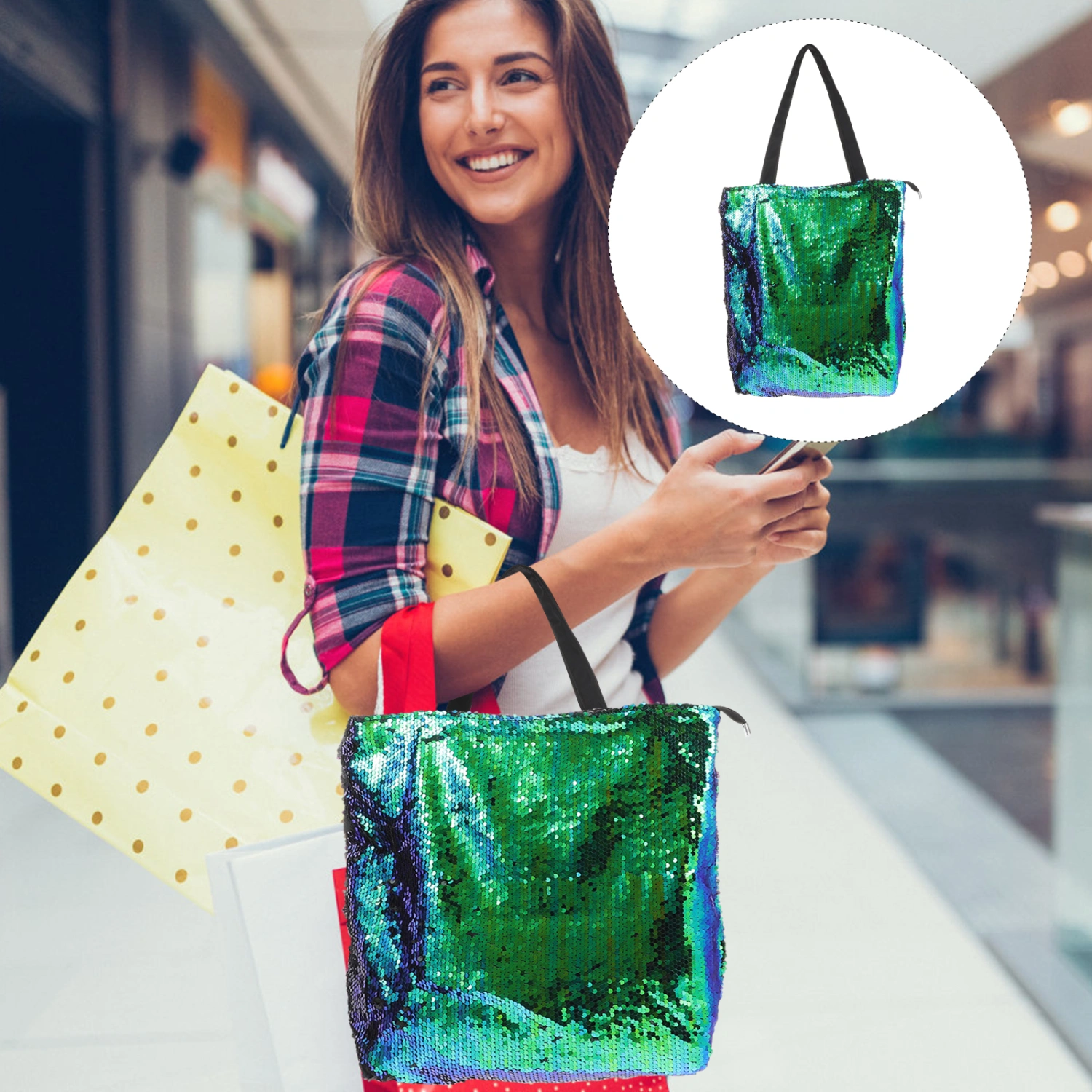 Green Casual Sequin Pouch Large Capacity Handbag Woman Shopping Bag Portable Shoulder Bag Fashion Outdoor Tote Bag