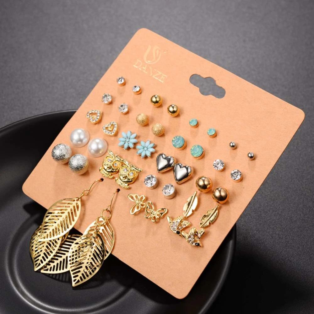 1 Set 20 Pairs Women Earrings Small Chic Earrings Fashion Alloy Multiple Pairs Combination Set Heart Rhinestone Small Animal and Leaf Pattern Jewelry