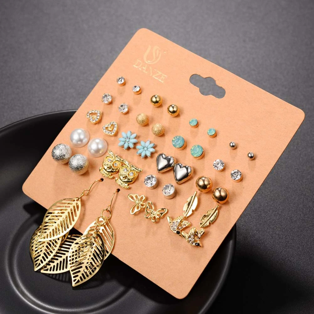 1 Set 20 Pairs Women Earrings Small Chic Earrings Fashion Alloy Multiple Pairs Combination Set Heart Rhinestone Small Animal and Leaf Pattern Jewelry