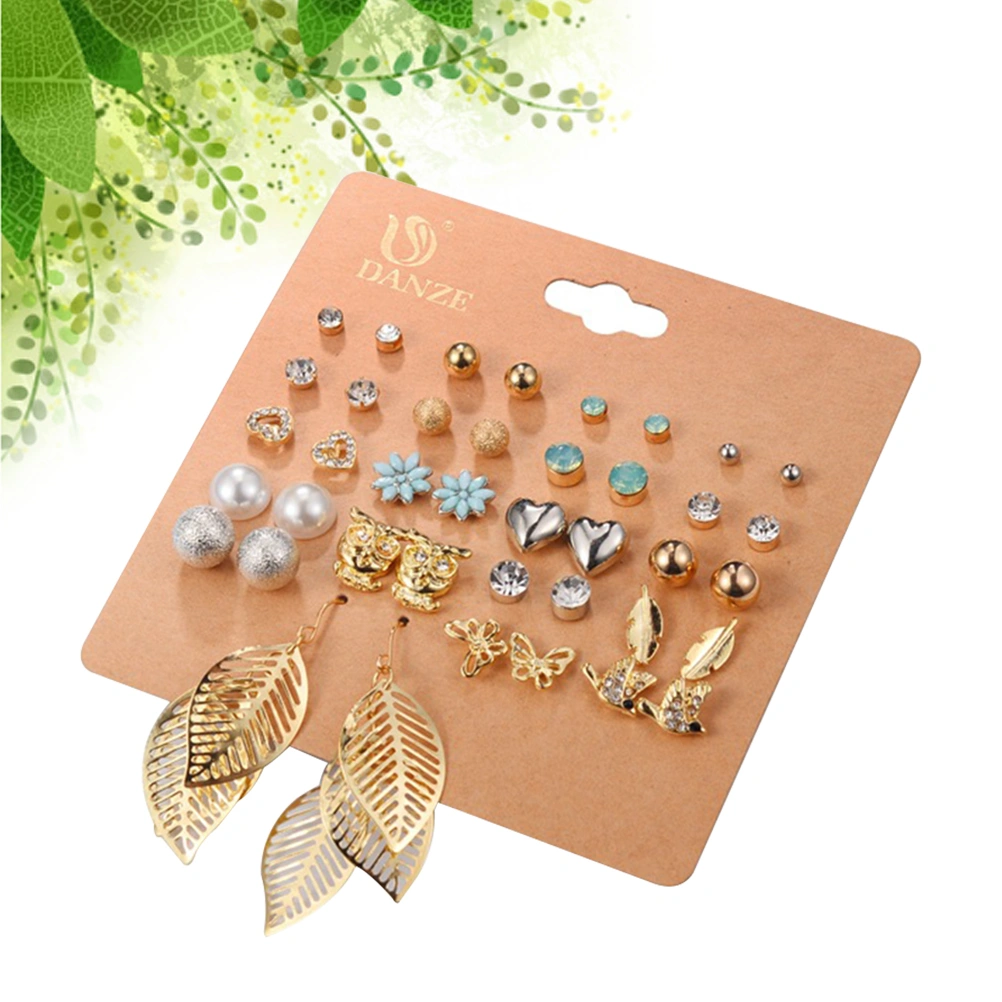 1 Set 20 Pairs Women Earrings Small Chic Earrings Fashion Alloy Multiple Pairs Combination Set Heart Rhinestone Small Animal and Leaf Pattern Jewelry