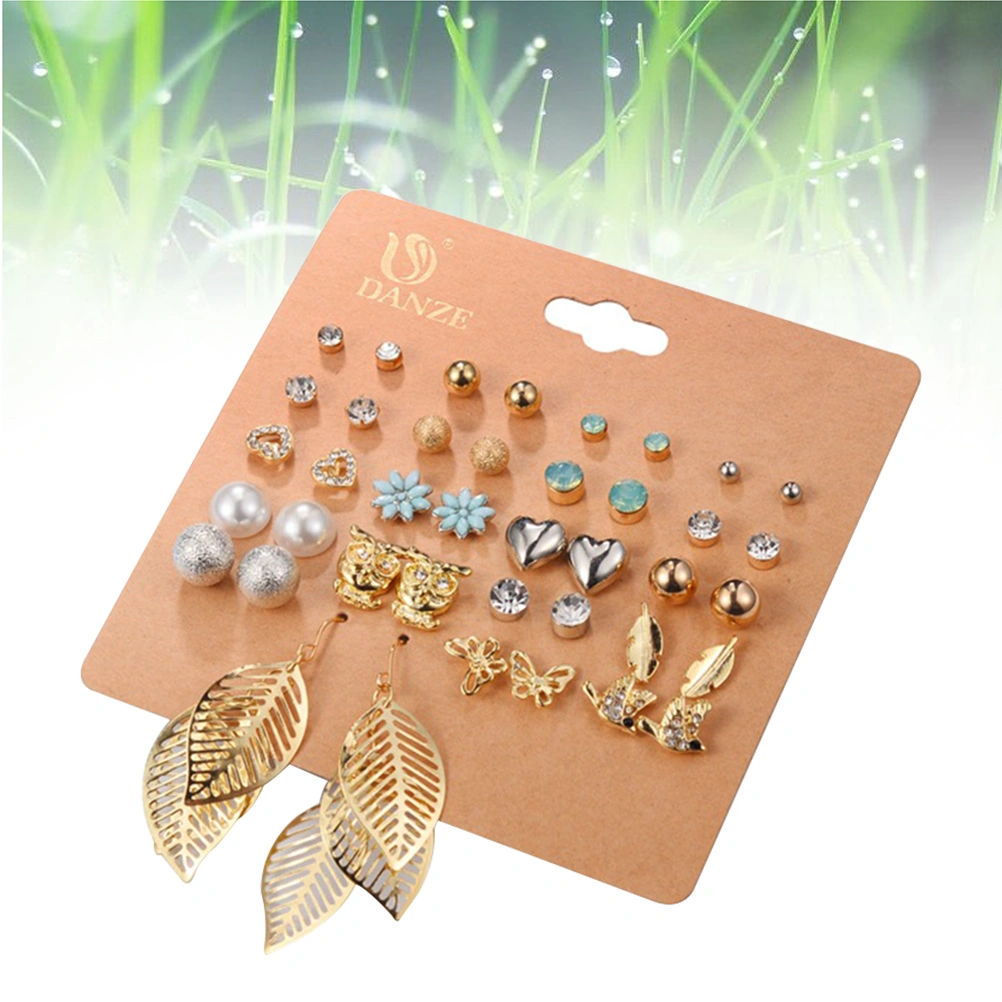 1 Set 20 Pairs Women Earrings Small Chic Earrings Fashion Alloy Multiple Pairs Combination Set Heart Rhinestone Small Animal and Leaf Pattern Jewelry