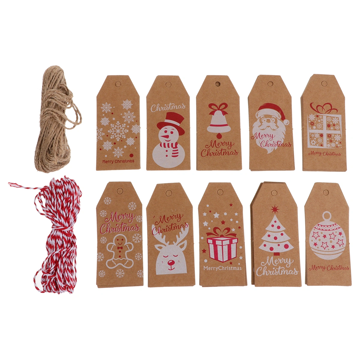 100pcs Christmas Retro Kraft Paper Hanging Tags with 10m Red Rope 10m Hemp Rope