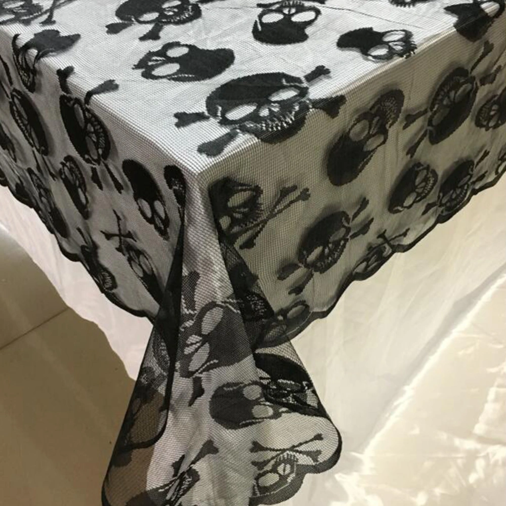 About 132x178cm Halloween Tablecloth Skull Head Lace Table Runner Rectangular Table Cover Halloween Party Horror Dress up Table Decor (Black)