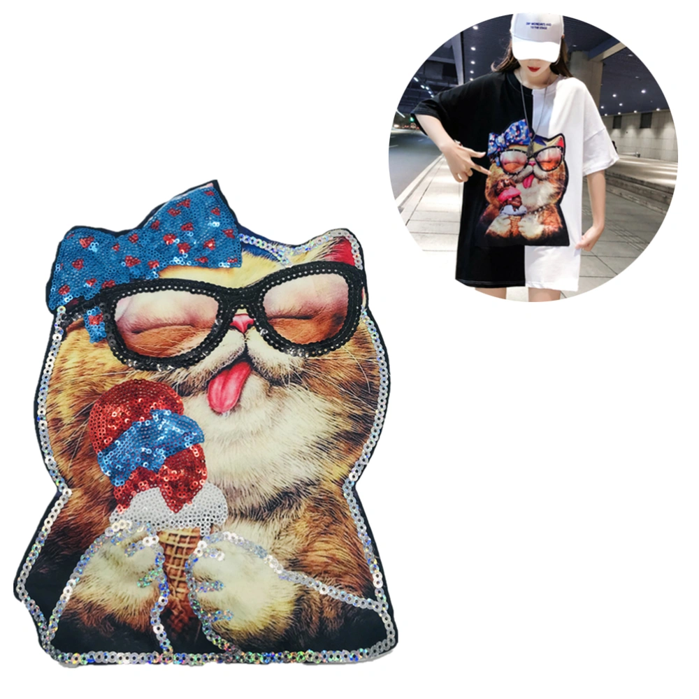 Embroidery Sewing Patches Cloth Paste Cartoon Cat Printed T-shirt Clothing Patch Short Sleeve Digital Printed Sequin Appliques (Glasses Cat Print)