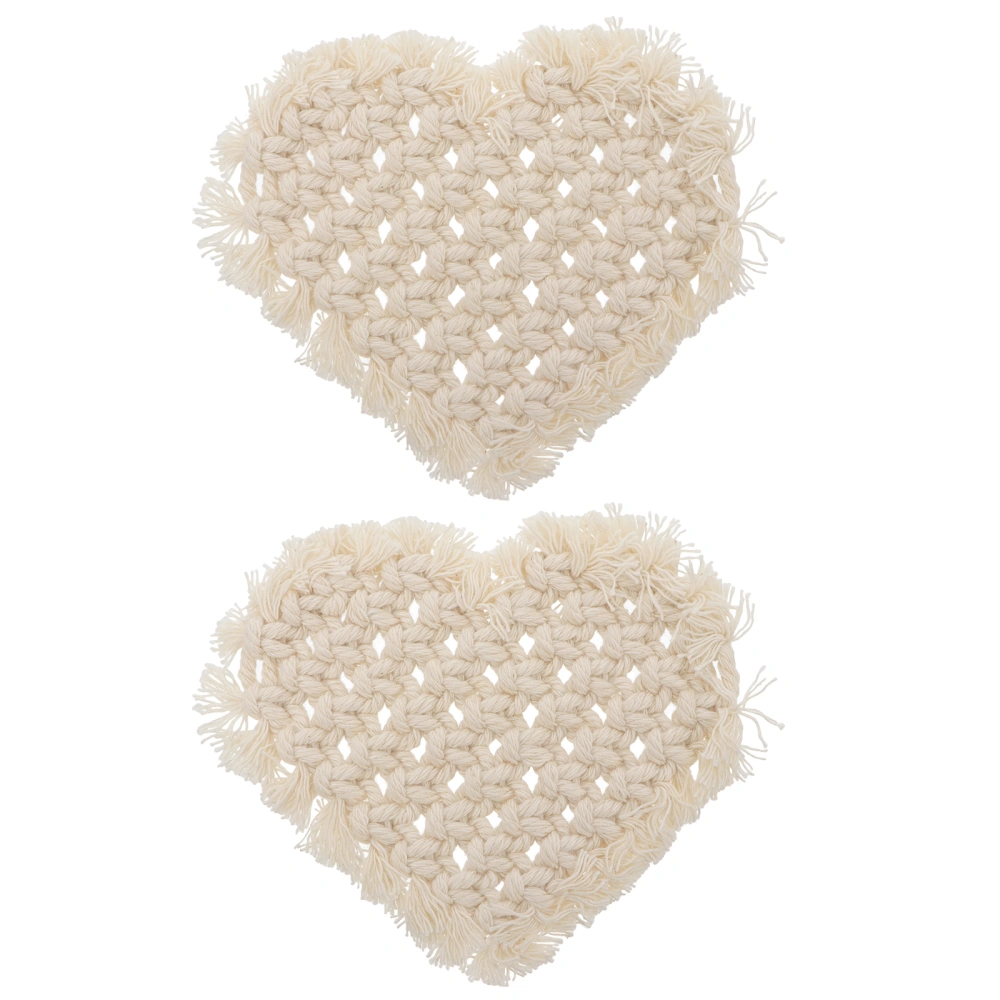 1 Set 2 Pcs Bohemia Style Cup Mats Cotton Rope Heart-shaped Coasters (Beige)