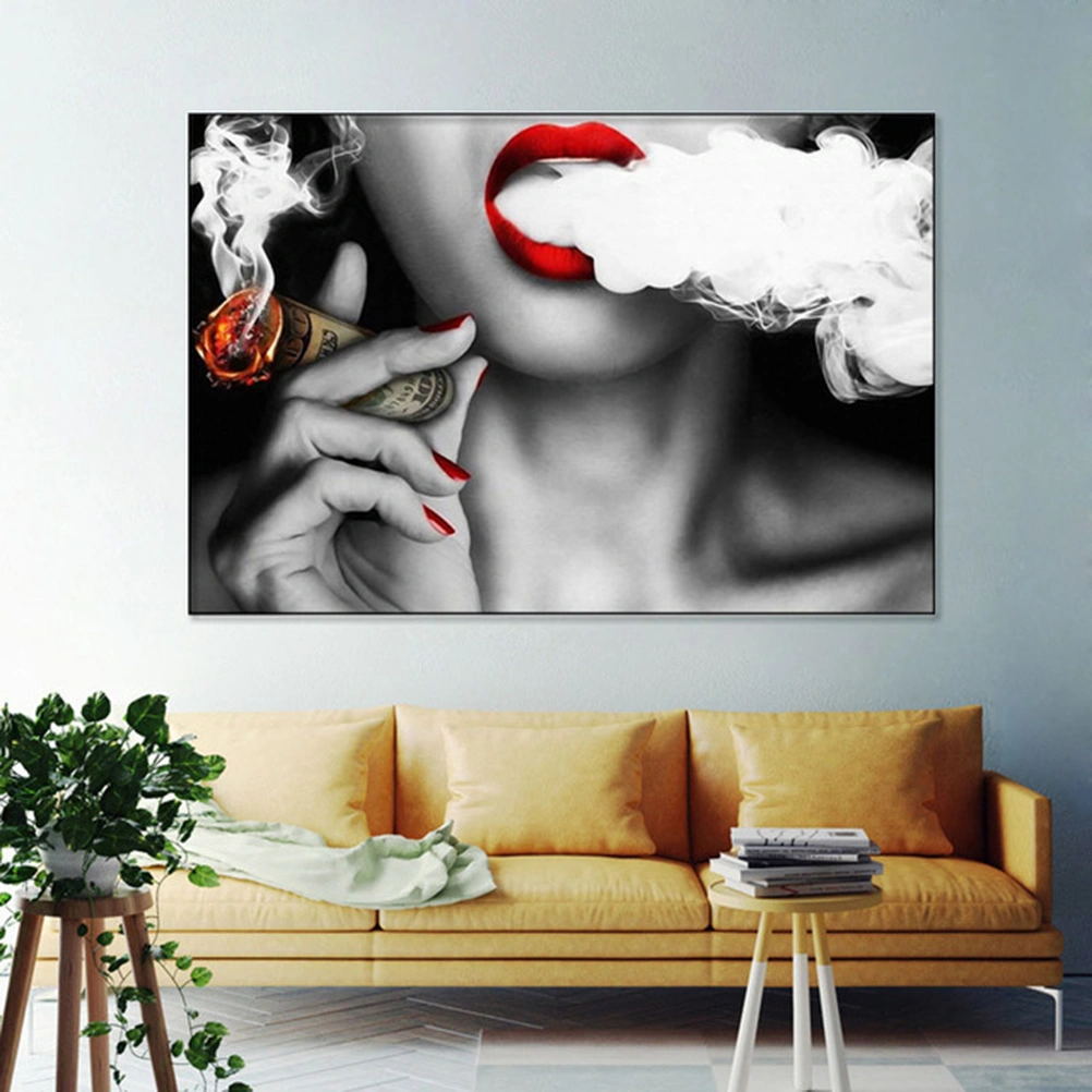 1PC Red Lip Smoking Woman Decorative Wall Painting Fashion Hanging Painting for Home Living Room Kids Room (40x60cm)