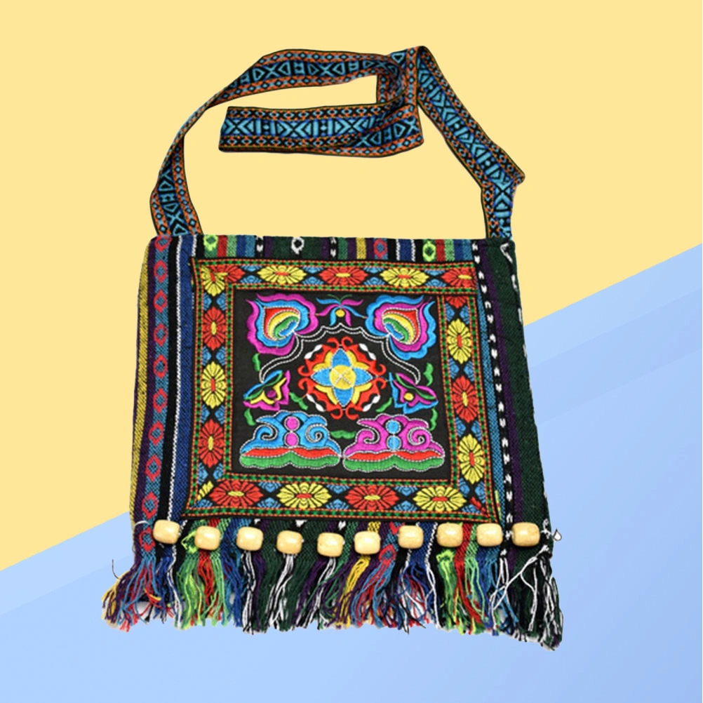Oriental National Style Embroidered Bag Striped Cloth Embroidery Shoulder Diagonal Tassel Bag - Blue Camellia Pattern
