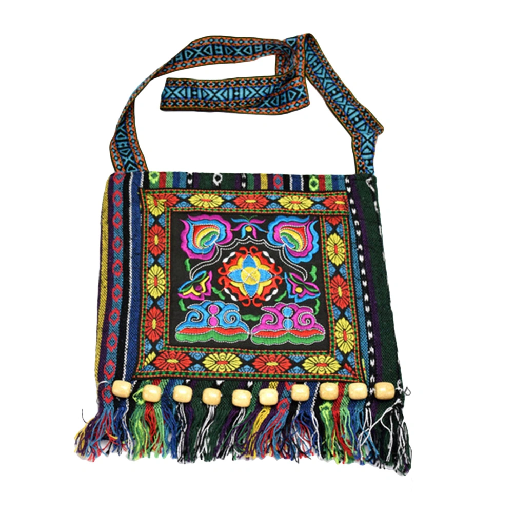 Oriental National Style Embroidered Bag Striped Cloth Embroidery Shoulder Diagonal Tassel Bag - Blue Camellia Pattern