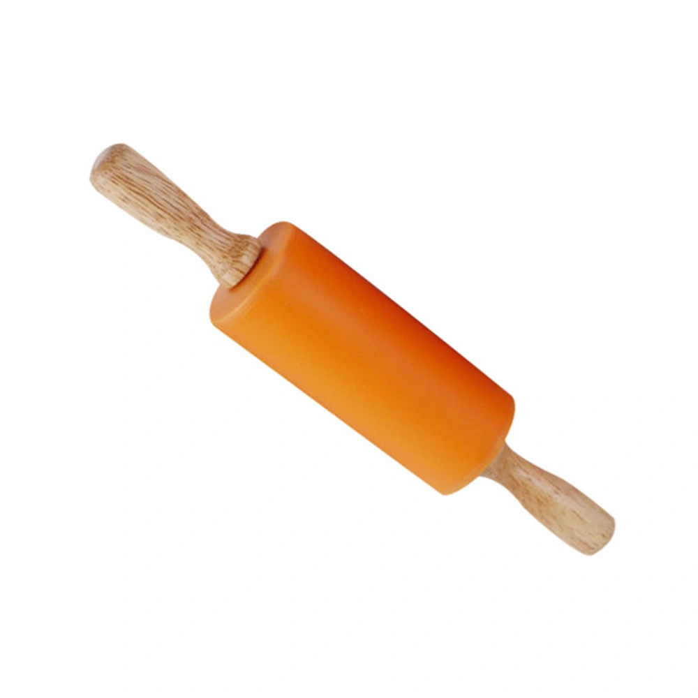 Mini Silicone Non-stick Rolling Pin Wooden Handle Roller Rolling Stick Kitchen Tool for Fondant Cookie Pastry Dough (Orange)