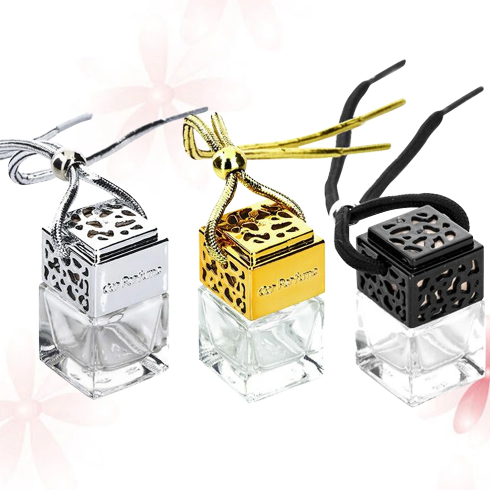 3Pcs 8ml Empty Square Perfume Glass Bottle Pendant Hollow-Out Essential Oil Sub Bottle Car Hanging Pendant (Golden + Silver + Black, Without Perfume)