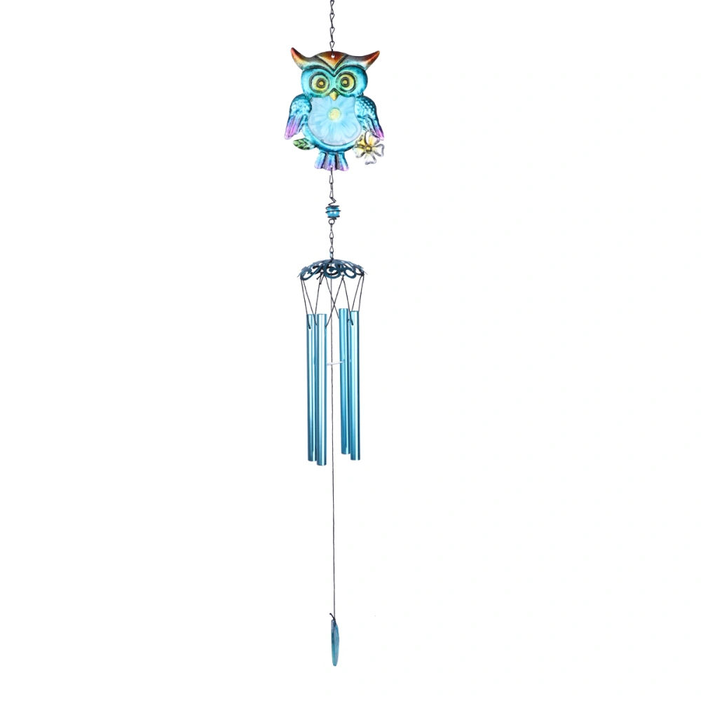 1Pc Glass Colored Drawing Hanging Ornament Creative Owl Wind Chime Pendant Delicate Metal Crafts Decoration (Blue)