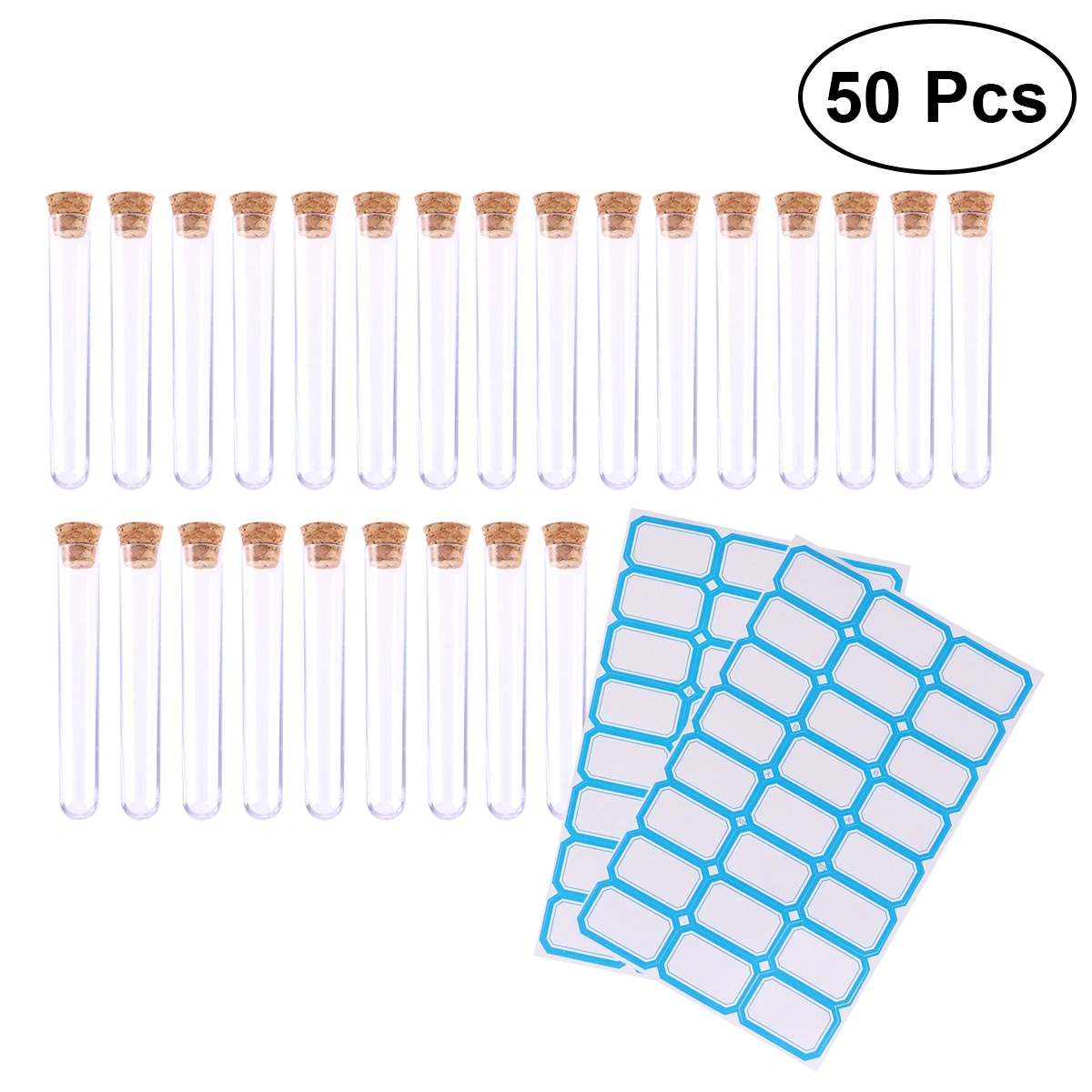 50pcs 1.2x7.5cm Plastic Clear Test Tubes with Cork Stoppers and Brush for Scientific Experiments Powder Liquid Storage (50pcs with 2pcs Stickers of 24 Labels)