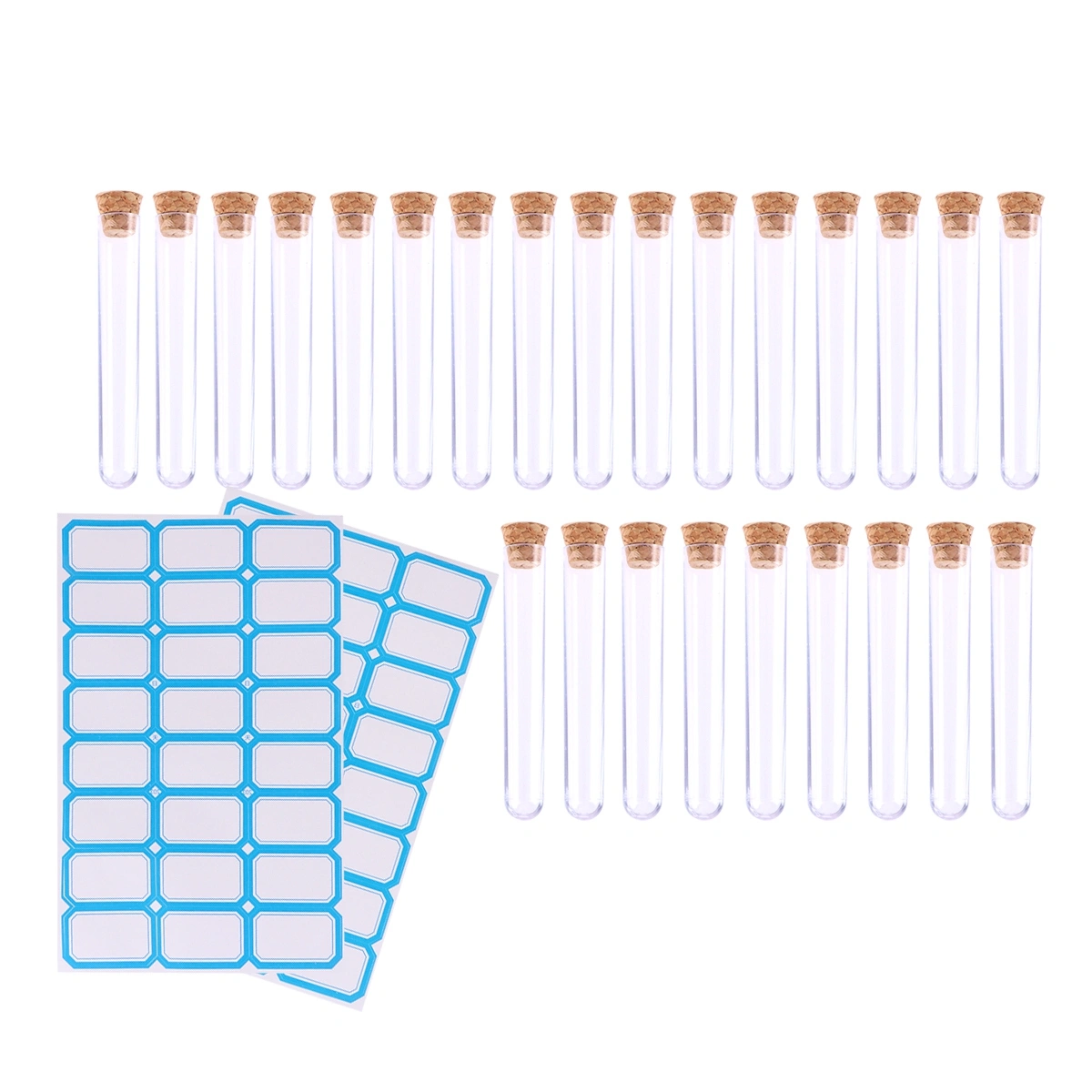 50pcs 1.2x7.5cm Plastic Clear Test Tubes with Cork Stoppers and Brush for Scientific Experiments Powder Liquid Storage (50pcs with 2pcs Stickers of 24 Labels)