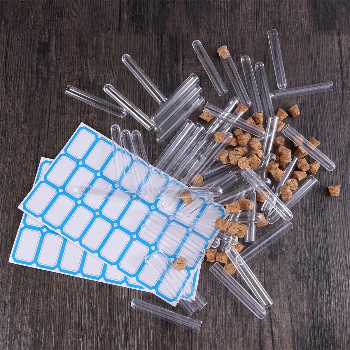 50pcs 1.2x7.5cm Plastic Clear Test Tubes with Cork Stoppers and Brush for Scientific Experiments Powder Liquid Storage (50pcs with 2pcs Stickers of 24 Labels)