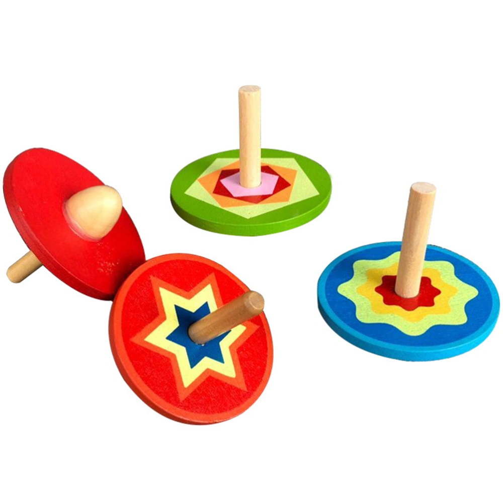 4pcs Wooden Cartoon Tops Toys Colorful Gyroscope Peg-top for Kids Children (Random Color)