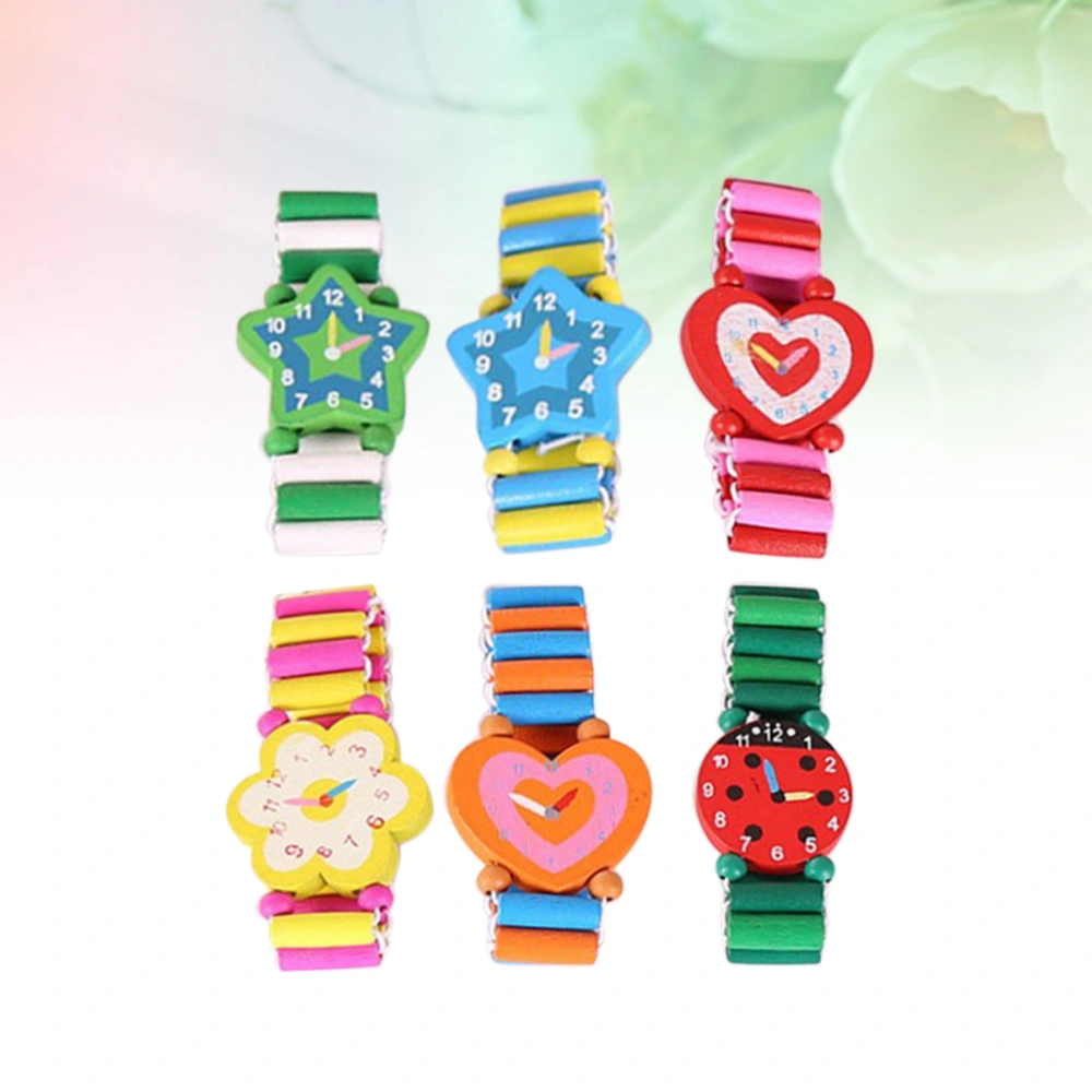 6pcs Wooden Craft Cartoon Simulation Wristwatches Bracelet Watch Stationery for Srudents Children (Random Color)