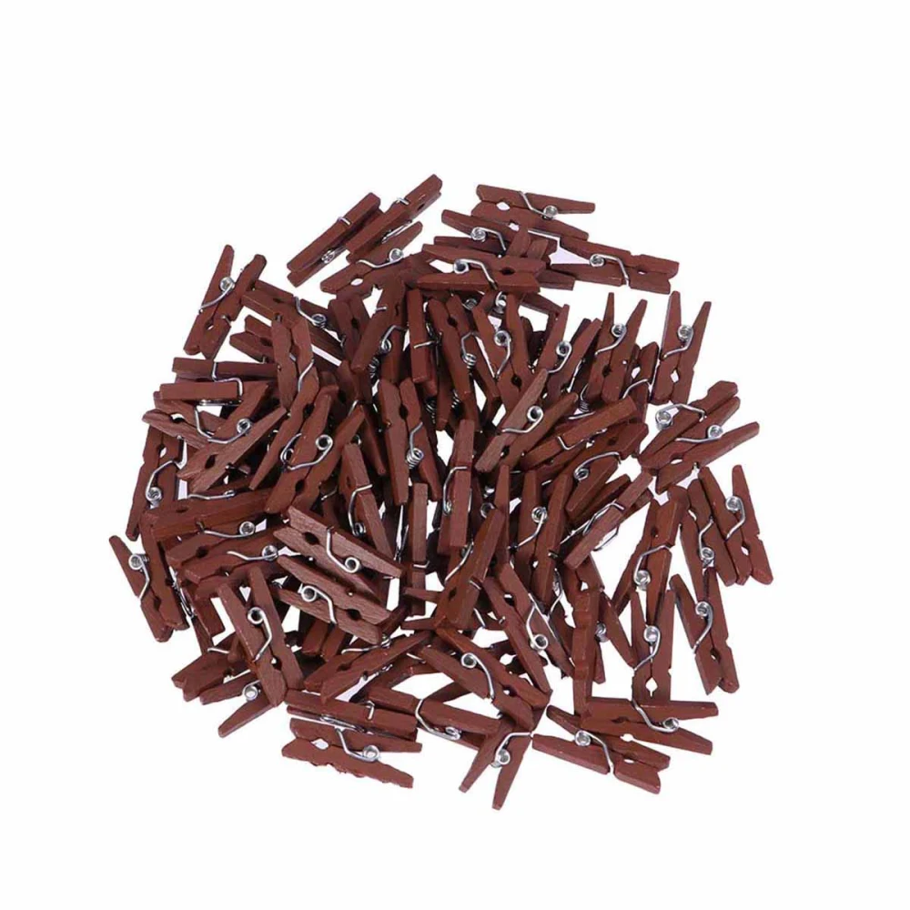 100 pcs Mini Natural Wooden Paper Clips Utility Versatile Clothespin Clips Picture Photo Cable Pictures Organizer Clips for Hanging Photos Painting Artwork (Brown)