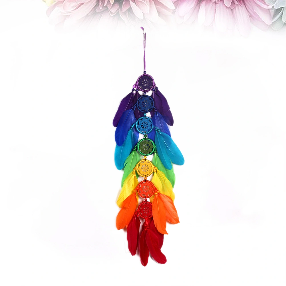 Rainbow Color Handmade Dreamcatcher Ornaments Wind Chimes Feather Dream Catchers with Seven Rings for Wedding Home Decorations