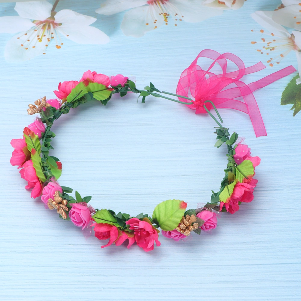 1pc Simulated Floral Headband Wedding Engagement Bridal Artificial Wreath Hair Accessory (Rosy)