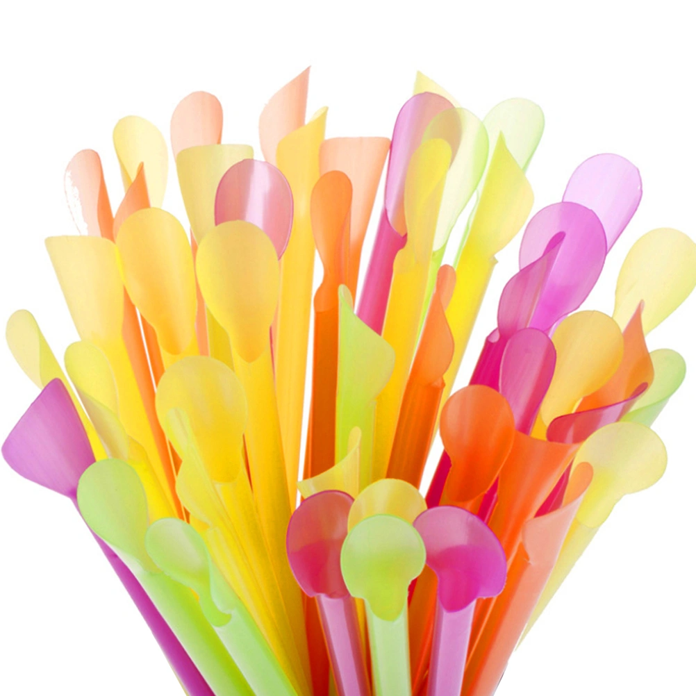 300Pcs Plastic Drink Straws Spoon Design Straws Beverage Straw Plastic Straws Party Favors