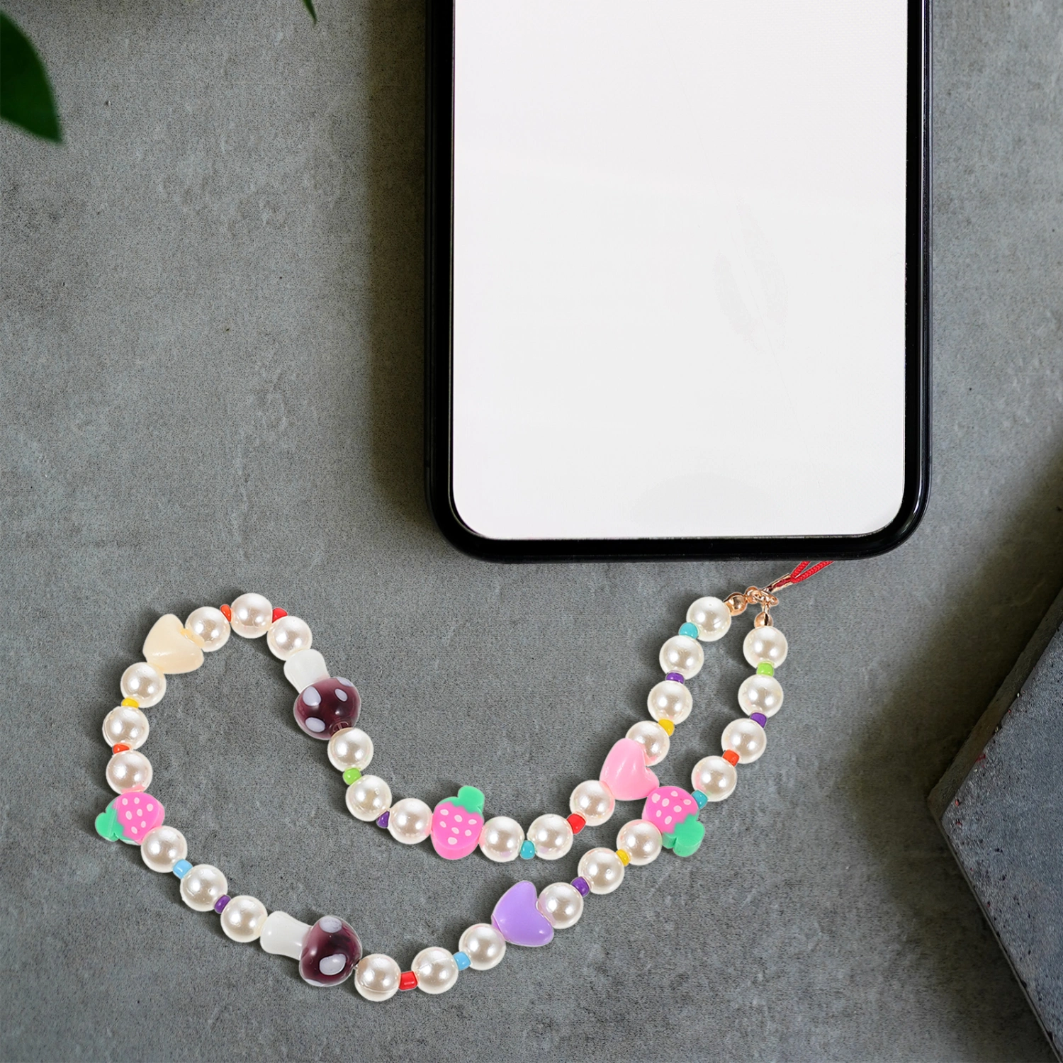 Phone Chain Imitation Pearl Mushroom Fruit Decor Beaded Phone Rope Phone Charm