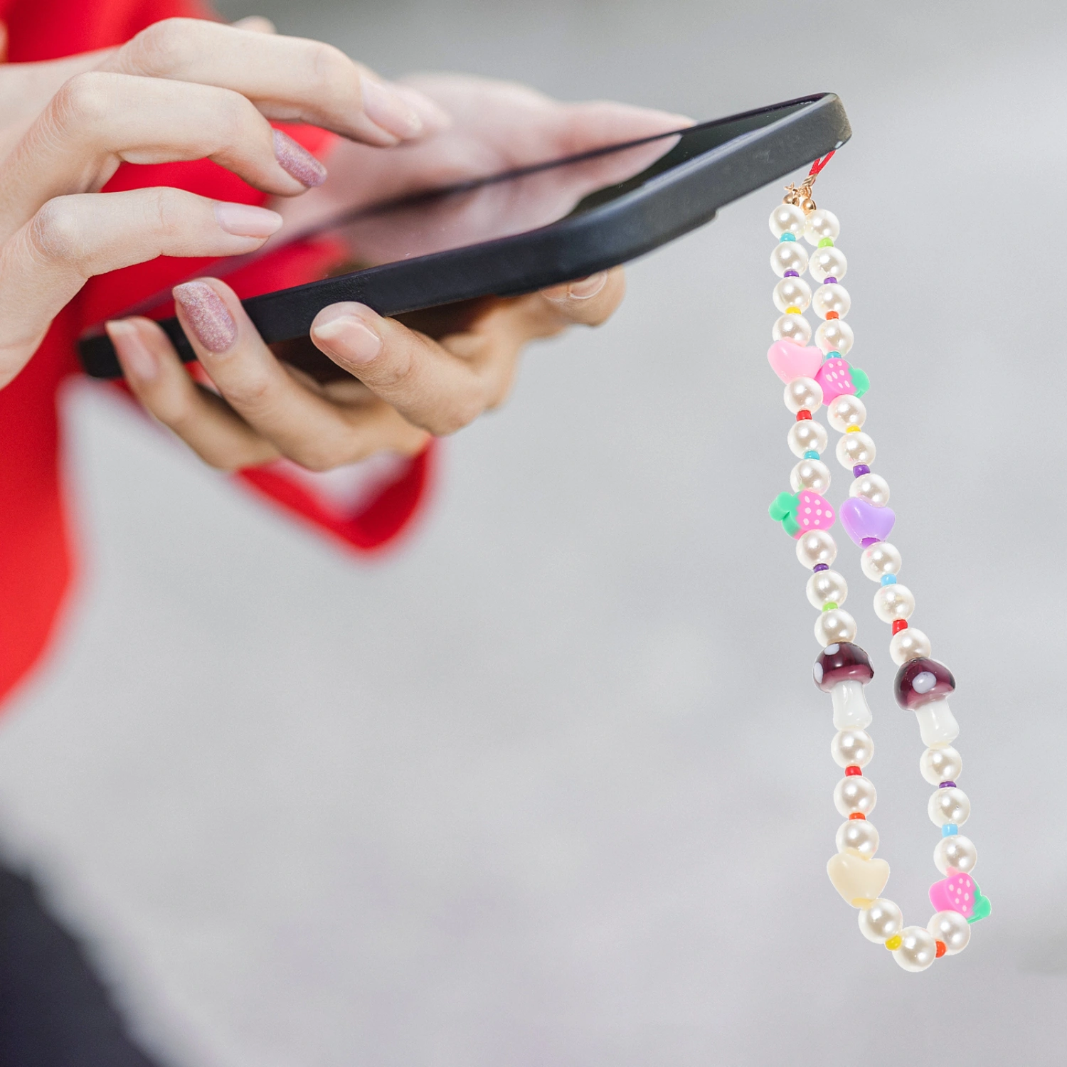 Phone Chain Imitation Pearl Mushroom Fruit Decor Beaded Phone Rope Phone Charm