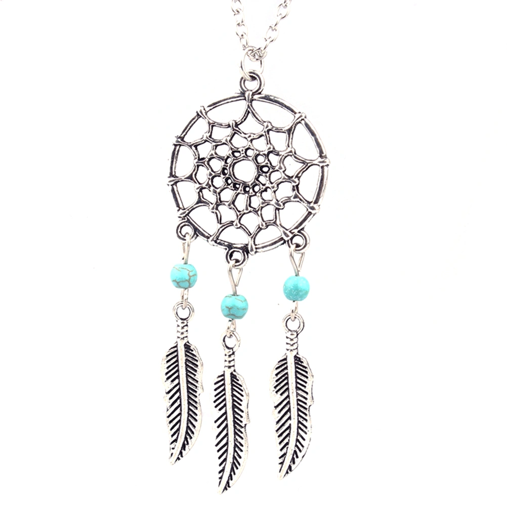 Feather Wing Dream Catcher Necklace Bohemian Dreamcatcher Jewelry Decoration (Three-Turquoise)