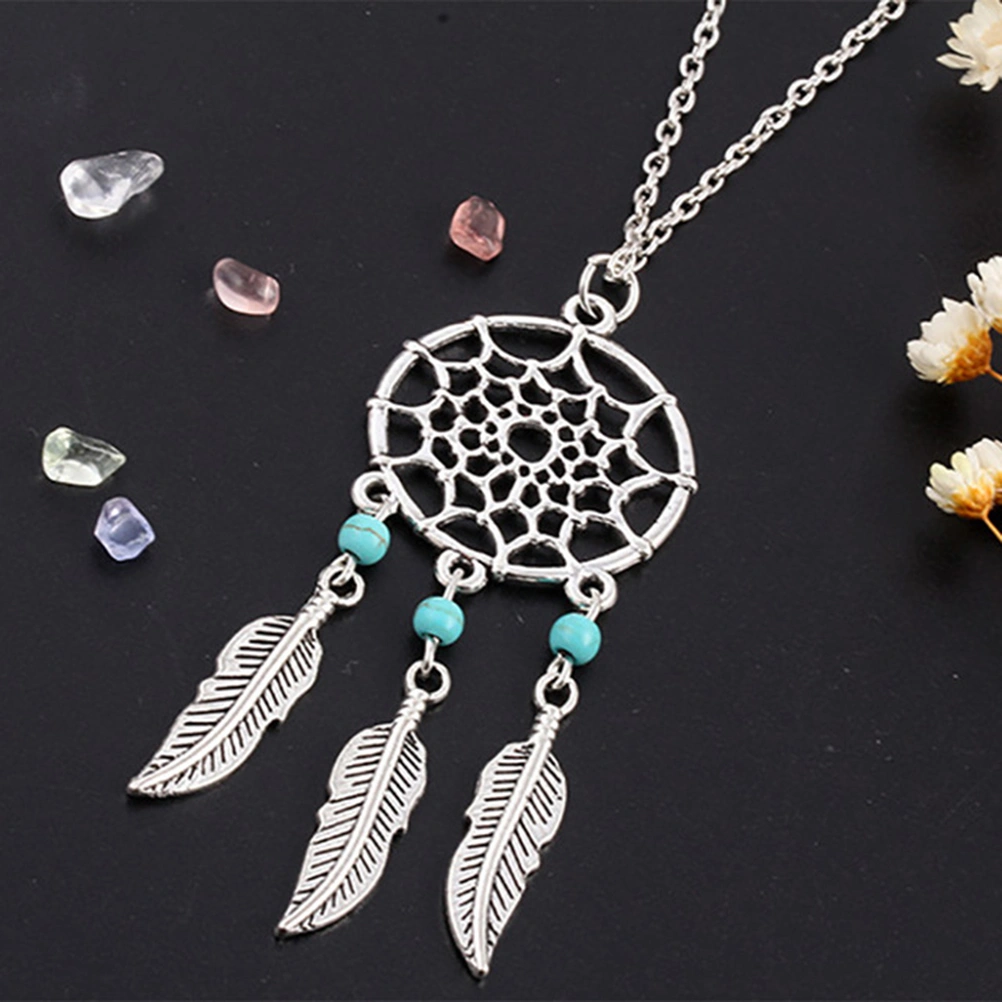 Feather Wing Dream Catcher Necklace Bohemian Dreamcatcher Jewelry Decoration (Three-Turquoise)