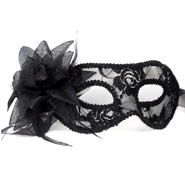 Fashion Feathered Lace Flower Decor Semi-transparent Masquerade Cosume Party Mask (Black)